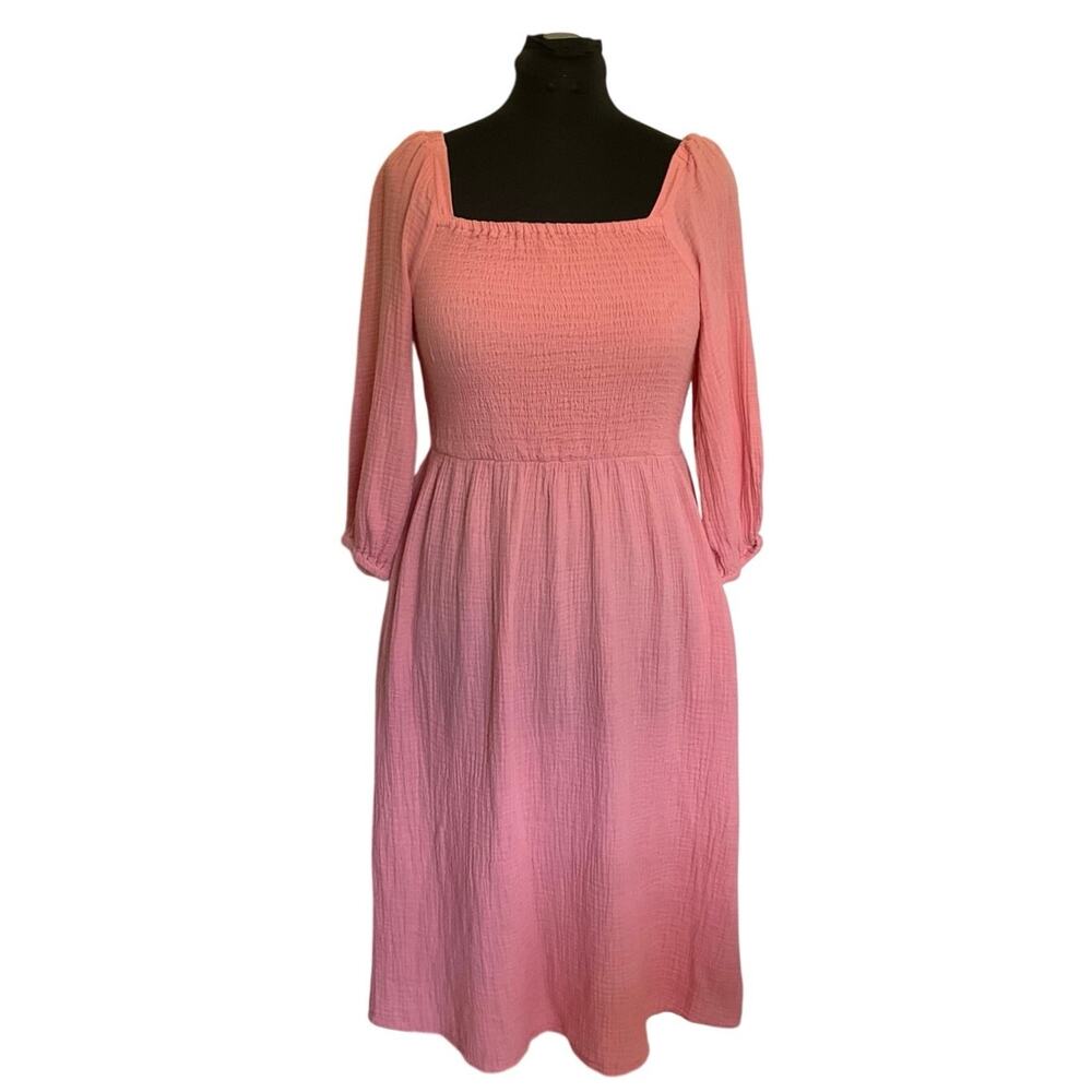 BeachLunchLounge Pink Gauze Smocked Midi Dress M Cottagecore - Picture 2 of 9